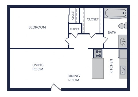Floor plan for 1 bed, 1 bath, 611 sqft